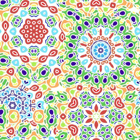 Seamless mandala pattern for printing on fabric or paper. Hand drawn background. Colorful, bright print.のイラスト素材