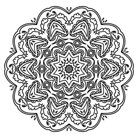 Decorative round lace ornate mandala. Coloring book for adults. Vintage vector pattern on blue background. Invitation, wedding card, scrapbooking. Tattoo design.のイラスト素材