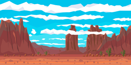 Desert landscape with cactuses and mountains. Flat style. Vector nature landscape background with separated layers for game art and animation gameのイラスト素材