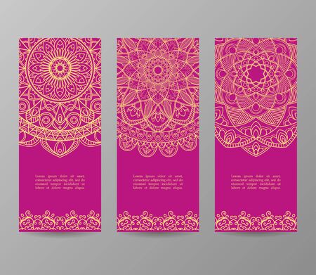Set of flyers, brochures, templates design. Vintage cards with mandala patterns and ornaments. Islam, Arabic, Indian, ottoman motifs.のイラスト素材