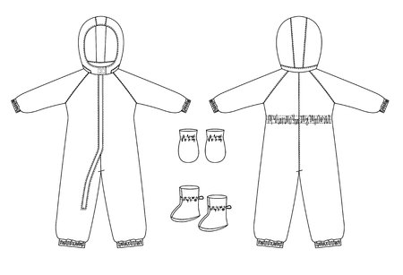 technical drawing of children's winter overall with raglan sleeves. Front and back viewsのイラスト素材