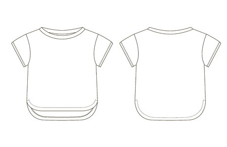 Technical drawing of children's fashion. Children's t-shirt with cuffs on the sleeves. Front and back viewsのイラスト素材