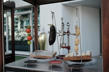 Healthy vegeterian display food on the modern city street.の写真素材