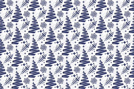 Seamless xmas pattern. Decorative background with christmas-tree, snowflakes, stars.