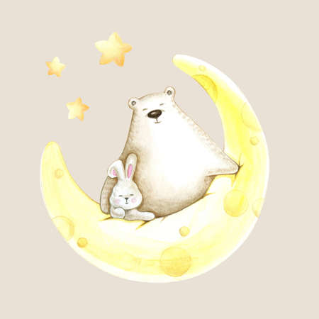 Handpainted watercolor bear with rabbit on the moonの写真素材