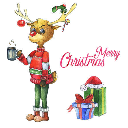 Watercolour christmas deer with giftsの写真素材