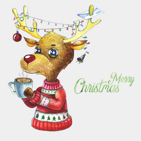 Watercolour christmas deer with coffeeの写真素材