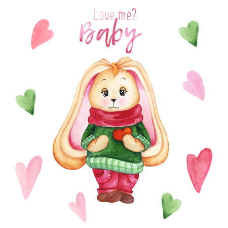 Handpainted watercolor rabbit with heartの写真素材