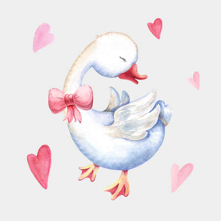 Handpaint watercolor goose with heartの写真素材