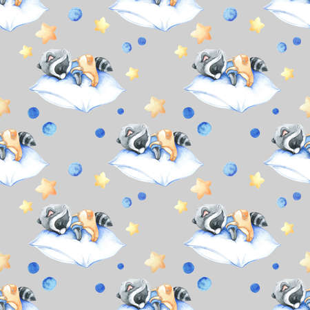 Handpaint watercolor seamless pattern with sleeping raccoonの写真素材