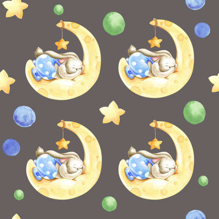 Handpaint watercolor seamless pattern with sleeping rabbit on the moonの写真素材