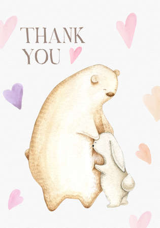 Handpainted cartoon bear with rabbit and heartsの写真素材