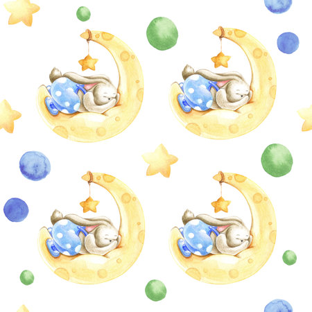 Handpainted watercolor seamless pattern rabbit on the moon with ballsの写真素材