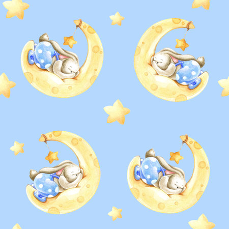 Handpainted watercolor seamless pattern rabbit on the moon with ballsの写真素材