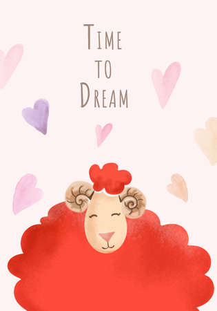 Handpainted cartoon red lamb with heartの写真素材