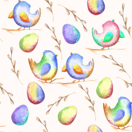Hand drawing watercolor seamless pattern easter bird and eggsの写真素材