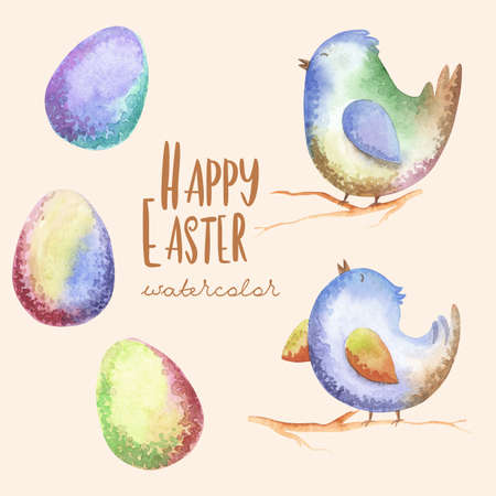 Hand drawing watercolor easter bird and eggsの写真素材