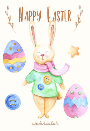Watercolor easter eggs and rabbitの写真素材