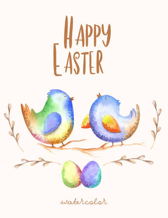 Easter bird and eggs with elementsの写真素材