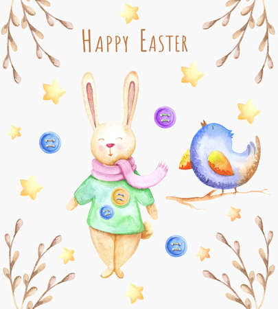 Watercolor easter eggs and rabbitの写真素材