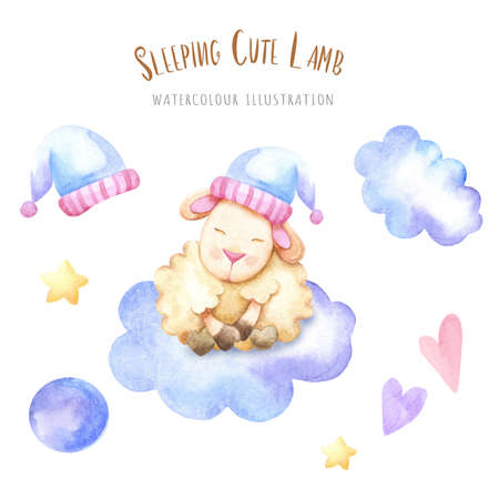 handdrawing watercolor sleeping lambs on the cloud with elementsの写真素材