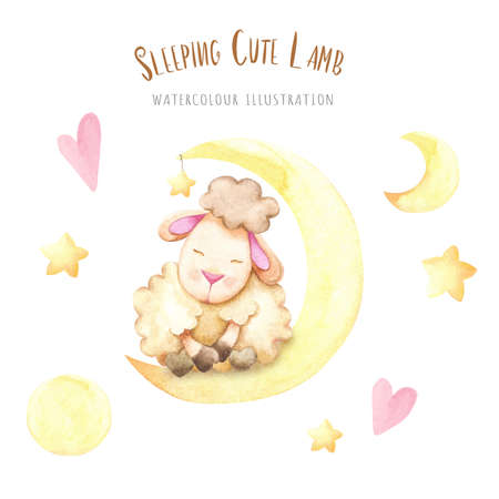 handdrawing watercolor sleeping lambs on the moon wiht elementsの写真素材