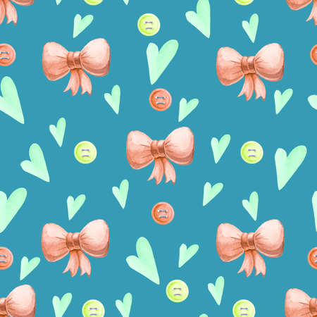 Handpainted watercolor seamless pattern bow, hearts and buttonsの写真素材