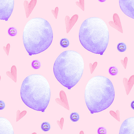 watercolor pink pattern balls wiht hearts and elementsの写真素材