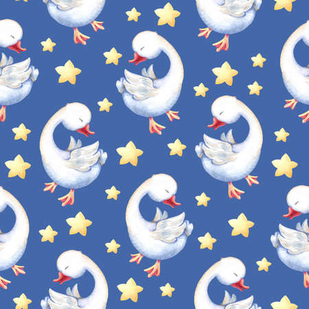 Watercolor blue pattern goose with starsの写真素材