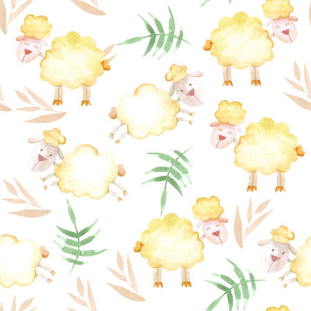 seamless watercolor cartoon pattern cute, curly lamb. childrens watercolor illustration, childrens design of cards, invitationsの写真素材