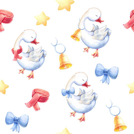 Watercolor pattern goose with bow, bell, starの写真素材
