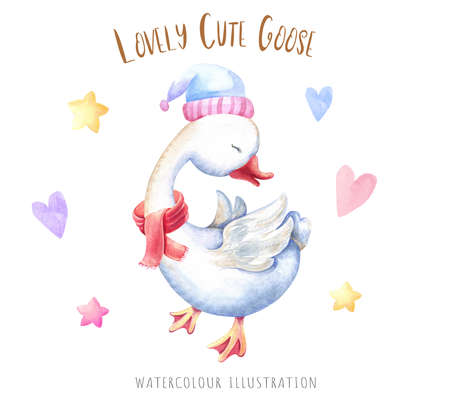 handdrawing watercolor cute goose with elementsの写真素材