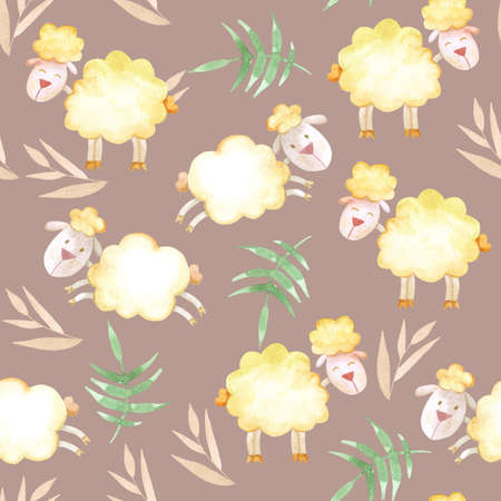 seamless watercolor cartoon pattern cute, curly lamb. childrens watercolor illustration, childrens design of cards, invitationsの写真素材
