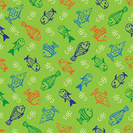 Painted fish on green background. Seamless background.のイラスト素材