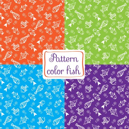 White fish on a colored background. 4 seamless pattern. Orange, green, blue and violet.のイラスト素材