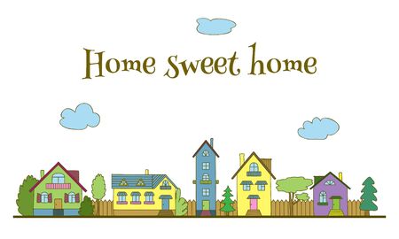 Home sweet home. Hand-painted multi-colored houses and trees a white background.のイラスト素材