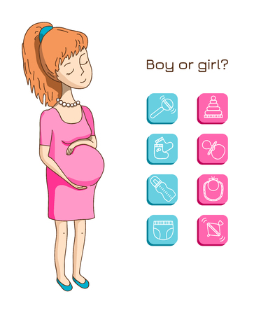 Pregnant woman in a pink dress and baby icon on a white backgroundのイラスト素材