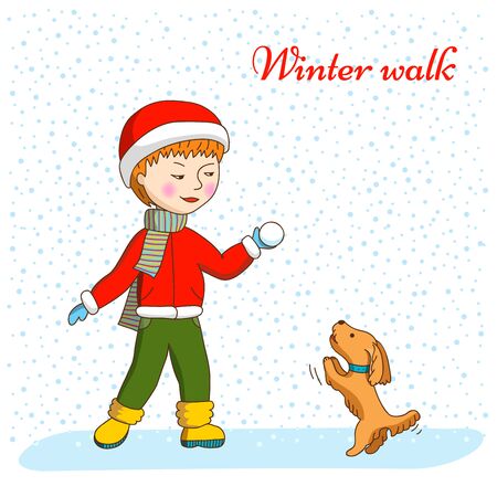 Children and animals. A boy plays with a dog.のイラスト素材