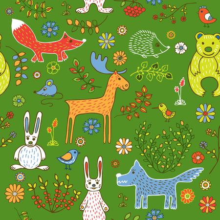 Seamless pattern on the theme of a spring forest. Animals, birds and plants on a green background.のイラスト素材
