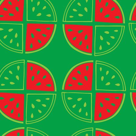 Green background with slices of watermelon. Seamless pattern . Of the watermelon form a circle and are straight lines.のイラスト素材