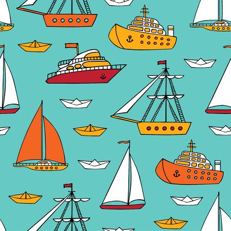 Sea, river and ocean transport on turquoise background. seamless pattern. Ships and boats drawn by hand.のイラスト素材