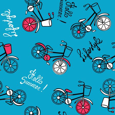 Seamless pattern with retro bicycles on a blue background. Sketch and lettering of hands. Vector illustration in Doodle style.のイラスト素材