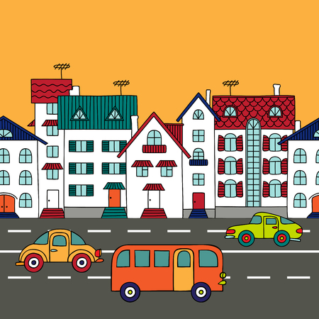 Cityscape with road transport. Residential building and road autocars and buses. Vector illustration in cartoon style. Sketch hand drawn.のイラスト素材