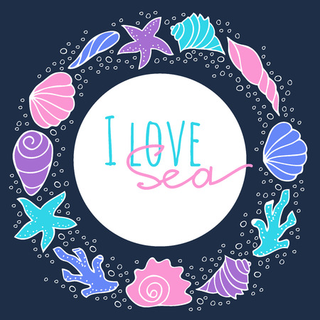 I love sea. Vector set of seashells. Sea, ocean and river shells, starfish and coral arranged in a circle. Freehand drawing in a cartoon style.のイラスト素材