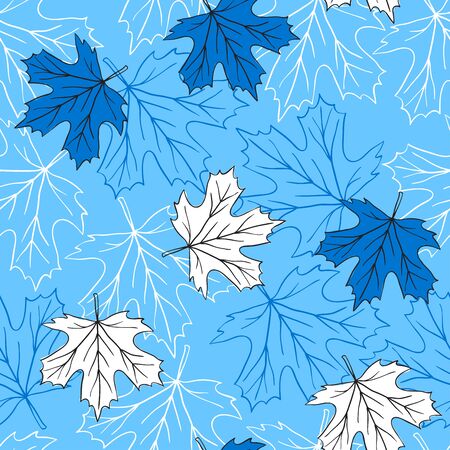 A Seamless pattern of maple leaves. Maple leaves hand-painted on a blue background.のイラスト素材