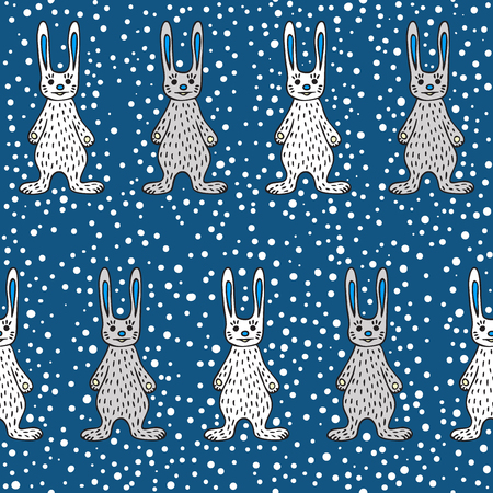 Seamless pattern with hare. Gray and white hares on a dark blue background. White snowflakes. Drawn by hand in cartoon style.のイラスト素材