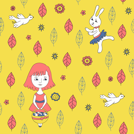 Girl and basket of eggs. Dancing hare and chicken. Colorful flowers and leaves on a yellow background. Seamless pattern is suitable for Easter and other holidays.のイラスト素材