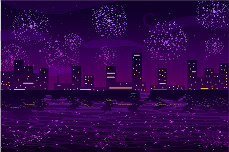 illustration of Salutes and fireworks in night city on the oceanのイラスト素材