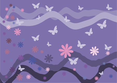 Vector illustration. Butterflies, flowers and waves on a pink background.のイラスト素材