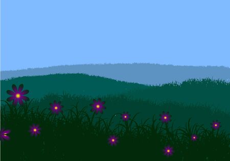 Vector illustration. Grass, sky and meadow flowers.のイラスト素材